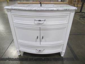 lot 126 image: Dacosti 36 in. W x 22 in. D Vanity in White with Marble Vanity Top in White with White Sink - Cracked Top.