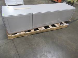 lot 127 image: Courtland Sterling Gray Finish Laminate Shaker Stock Assembled Pantry Kitchen Cabinet 18 in. x 90 in. x 24 in. - Damaged