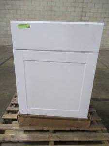 lot 128 image: Shaker Assembled 24x34.5x24 in. Base Kitchen Cabinet with Ball-Bearing Drawer Glides in Satin White - Cracked Back Wall.
