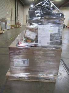lot 132 image: LARGE WHOLESALESALVAGE PALLET  OF BATHROOM ITEMS, BUILDING MATERIALS, SMALL HOUSEWARES, FOLDING HANDTRUCK AND MORE