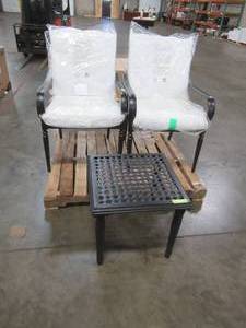 lot 172 image: Hampton Bay Laurel Oaks Black Steel Outdoor Patio Stationary Dining Chairs with bare cushions and Table.
