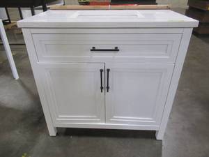 lot 181 image: Mayfield 36 in. W x 22 in. D Vanity in White with Cultured Marble Vanity Top in White with White Basin - Cracked Top.