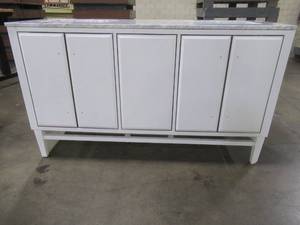 lot 183 image: Mason 61 in. W x 22 in. D Bath Vanity in WhiteSilver Trim with Marble Vanity Top in Carrara White with White Basins, Cracked Leg and Front Top Brace, Missing Door Pulls.