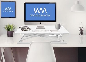 lot 178 image: Maya Wood Height Adjustable Standing Desk with Premium Air Pump Lift - Desk Stand Raiser in White, WMDKR-0005WHT - Unclaimed Freight