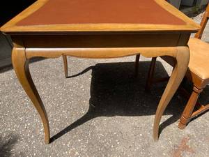 lot 188 image: Vintage Wooden Table with Inlay and Ornate Wooden Padded Chair