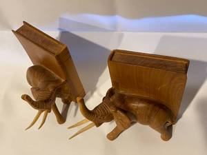 lot 202 image: Hand Carved Wooden Elephant Bookends