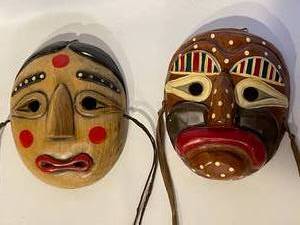 lot 228 image: 2 Hand Carved Wooden Wall Mount Masks