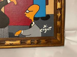 lot 235 image: Whimsical Oil On Canvas Framed Art By X.Cugat Judge Reading Playboy