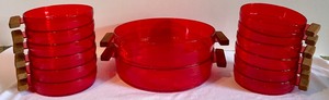 lot 333 image: Vintage Roth Schwarzwalderbeit Red Plastic Bowls with Wooden Handles