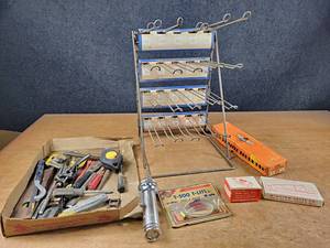 lot 2015 image: Vintage  Hardware Display Rack, NOS Craftmaster Vise, NOS Razor Planer and Vintage Tools