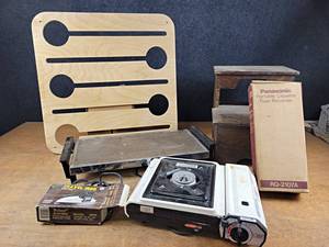 lot 2025 image: Wine Glass Rack, Warmer Tray, Butane Burner, Travel Iron in Box, Wood Step Stool and More - NO SHIPPING