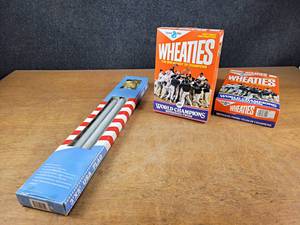 lot 2030 image: New In Box 6 Flag Pole Kit and (2) Original 1987 Twins World Series Wheaties Boxes - 1 is Full