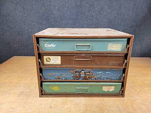 lot 2032 image: Parts Cabinet w Contents - Solderless Connectors, Sheet Metal Screws, Socket Head Bolts and Curtis Gripserts Assortment w Tool - Overall cabinet is about 20 x 16 x 15 - NO SHIPPING