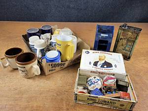 lot 2040 image: Vintage Metal Can, Mailbox Bank, Mugs and More - NO SHIPPING