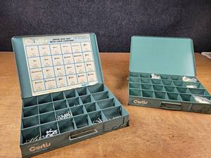 lot 2042 image: Pair of Curtis Parts Bins w Hardware - Sheet Metal Screws and Inserts