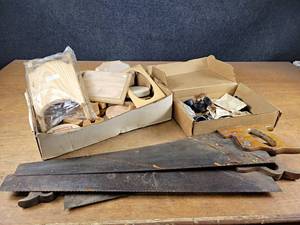 lot 2047 image: Lot of (3) Vintage Hand Saws, Unfinished Wood Pieces and More
