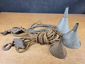 lot 2059 image: Antique Block & Tackle, Galvanized Funnels and Steel Cable