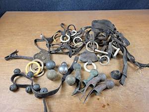 lot 2062 image: Antique Horse Tack, Brass Hame Ends, Bells and More