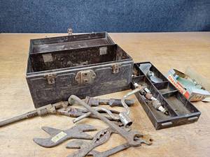 lot 2099 image: Antique Toolbox w FORD Wrench and More
