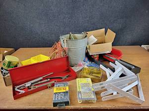 lot 2104 image: Huge Lot of Tools, Hardware, Shelf Brackets and More - NO SHIPPING