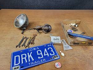 lot 2111 image: Lot of Advertising, FORD Wrenches, Cast Iron Claw Holding Glass Ball, License Plate and More