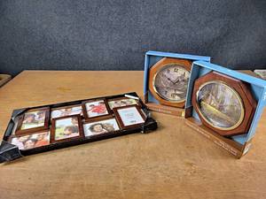 lot 2121 image: Pair of Thomas Kinkade Clocks and Collage Frame - All New in Box