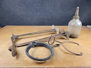 lot 2130 image: Shoe Cobblers Stands, Glass Bottle w Cap and Ice Tongs