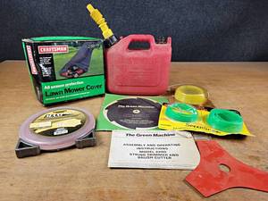 lot 2137 image: Green Machine Brush Cutter Blade, Trimmer Line - Mower Cover and Gas Tank