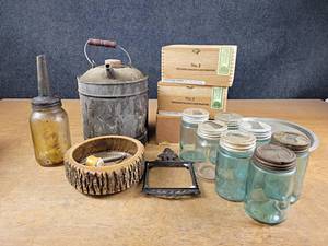 lot 2146 image: Lot of Vintage and Collectibles - Mason Jars w Glass Lids, Oil Jar and More - NO SHIPPING