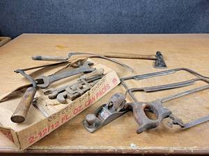 lot 2154 image: Antique Draw Knives, Hatchet, Wrenches and More