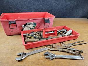 lot 2163 image: Toolbox Full of Tools - Vise Grips, Adjustable Wrenches and More