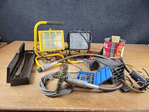 lot 2164 image: Flex Head Wire Wheel Attachment, Work Lights, Can Crusher and More