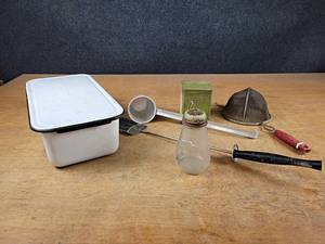 lot 2168 image: Vintage Enamel Pan w Lid and Vintage Kitchen items