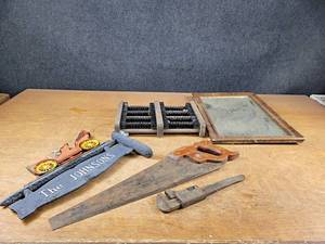 lot 2171 image: Lot of Vintage Items - Cast Sign, Saw, Pipe Wrench, Boot Cleaner and Mirror - NO SHIPPING