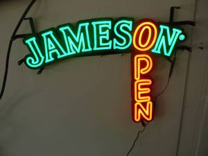lot 21 image: NEW IN THE BOX - JAMESON IRISH WHISKEY FLASHING OPEN LED LIGHT - THE OPEN LIGHT FLASHES ON AND OFF AS DESIGNED - AWESOME NEW PIECE - APPROX 24 By 18 - SEE PICTURES