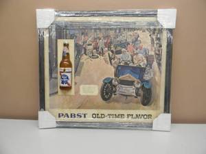 lot 25 image: VINTAGE 1960s PABST BLUE RIBBON OLD-TIME FLAVOR THE FIRST AUTOMOBILE RACE SIGN - NICE - AWESOME PIECE - NEWLY FRAMED - APPROX 27 By 24 - SEE PICTURES