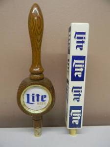 lot 30 image: VINTAGE MILLER LITE BEER WOODEN BEER TAP HANDLE 3 SIDED 11 12 WITH VINTAGE MILLER LITE BEER TAP HANDLE 10 - NICE SET - SEE PICTURES