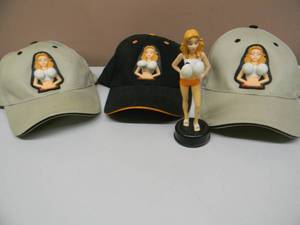 lot 44 image: NEW OLD STOCK - STURGIS BLACK HILLS RALLY - The Original Bobble Babes (3) HATS & (1) Stand Up Dash Desk Hood Figure - VERY COOL PIECES - SEE PICTURES