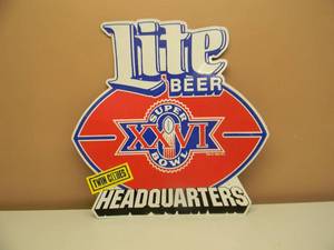 lot 58 image: VINTAGE SUPER BOWL XXVI JAN. 26, 1992 METRODOME MPLS MN TIN SIGN - LITE BEER TWIN CITIES HEADQUARTERS - OLD SCHOOL - APPROX 23 By 23 - SEE PICTURES