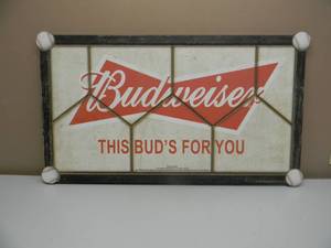 lot 79 image: VINTAGE BUDWEISER BEER THIS BUDS FOR YOU BASEBALL BAR WOOD SIGN - VERY COOL MAN CAVE PIECE - NICE - APPROX 36 By 21 - SEE PICTURES
