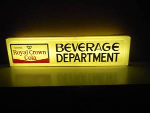 lot 80 image: RARE - VINTAGE DRINK ROYAL CROWN COLA BEVERAGE DEPARTMENT DOUBLE SIDED LIGHTED SIGN - FANTASTIC PIECE - WORKS - NICE - APPROX 49 By 12 By 7 - SEE PICTURES