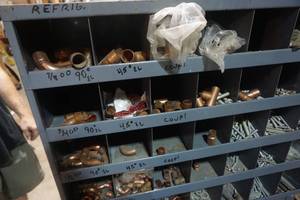 lot 27 image: Metal Partitioned Storage Rack With Copper Refrigeration Fittings