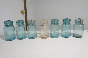 lot 236 image: blue glass canning jars