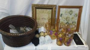 lot 507 image: Misc. Pitcher & Glasses, Scarves, Jewelry, Basket