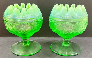 lot 71 image: Vintage Jefferson Glass Company Pearls and Scales Opalescent Green Footed Rose Bowls