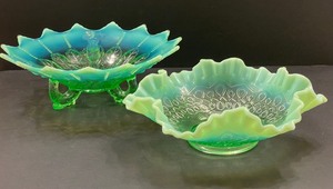 lot 30 image: Two Gorgeous Pieces of Vintage Glassware Jefferson Opalescent Scalloped Edge Bowl & Depression Glass Opalescent Footed Dish