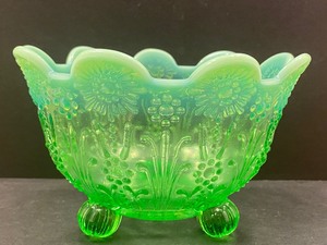 lot 9 image: Antique Northwood Pearl and Flower Footed Green Opalescent Glass Bowl