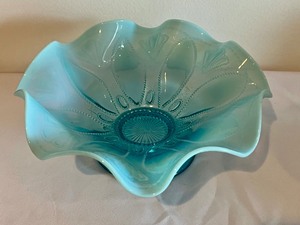 lot 5 image: Antique Northwood Blue Opalescent Roulette Footed Bowl