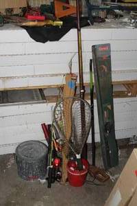 lot 577 image: Lot of (10) Fishing Equipment - Telescopic Rods, Bobbers, Bait Bucket