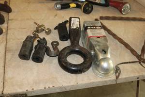 lot 744 image: Lot of (7) Trailer Accessories - Pintle Hitch, Coupler, Chain Hook,